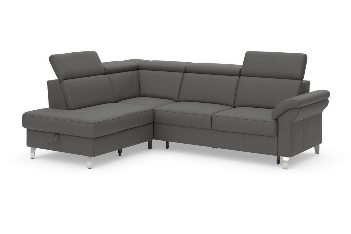 ECKSOFA ARNGAST E Mokka Kombination Echtleder/Stoff Mikrofaser Bettkasten, Kopfteilverstellung  - Chromfarben/Mokka, Basics, Leder/Textil (194/245cm) - Sit & More