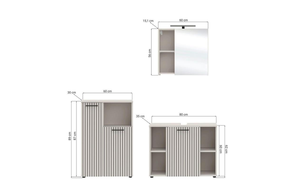 BADEZIMMER 3-teilig  in 155 cm  - Kaschmir/Schwarz, Trend, Glas/Holzwerkstoff (155cm) - Respekta