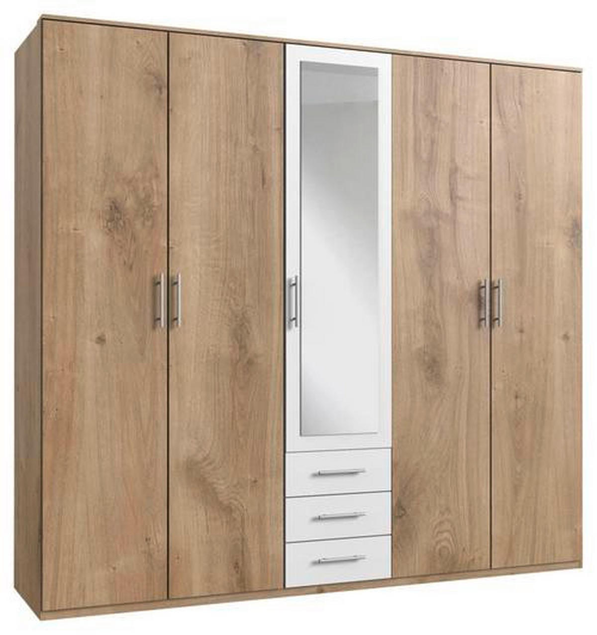 DREHTÜRENSCHRANK 225/210/58 cm 5-türig Weiß, Eichefarben  - Eichefarben/Alufarben, KONVENTIONELL, Glas/Holzwerkstoff (225/210/58cm) - MID.YOU