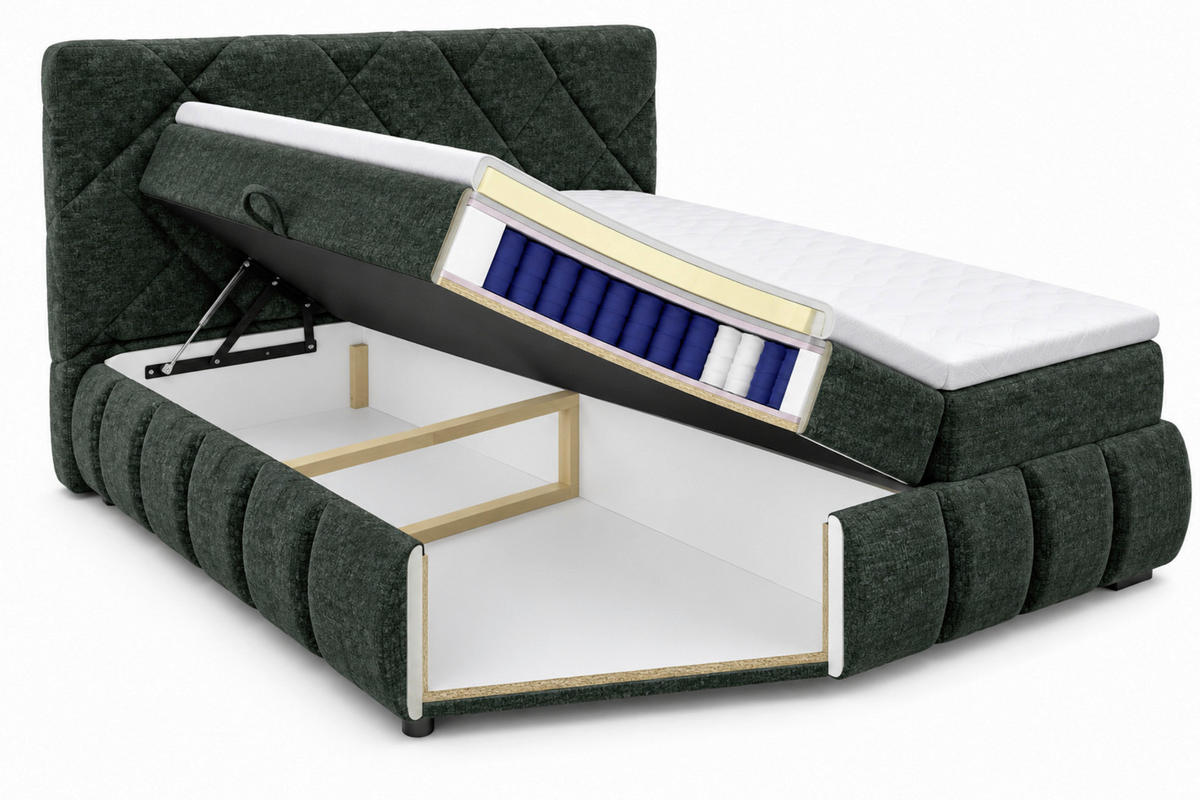 BOXBETT 180/200 cm,  in Grün, gepolstertes Kopfteil, Bettkasten, Topper, Matratzen, H3 + H3 = fest  - Schwarz/Grün, Design, Kunststoff/Textil (180/200cm) - Chameo