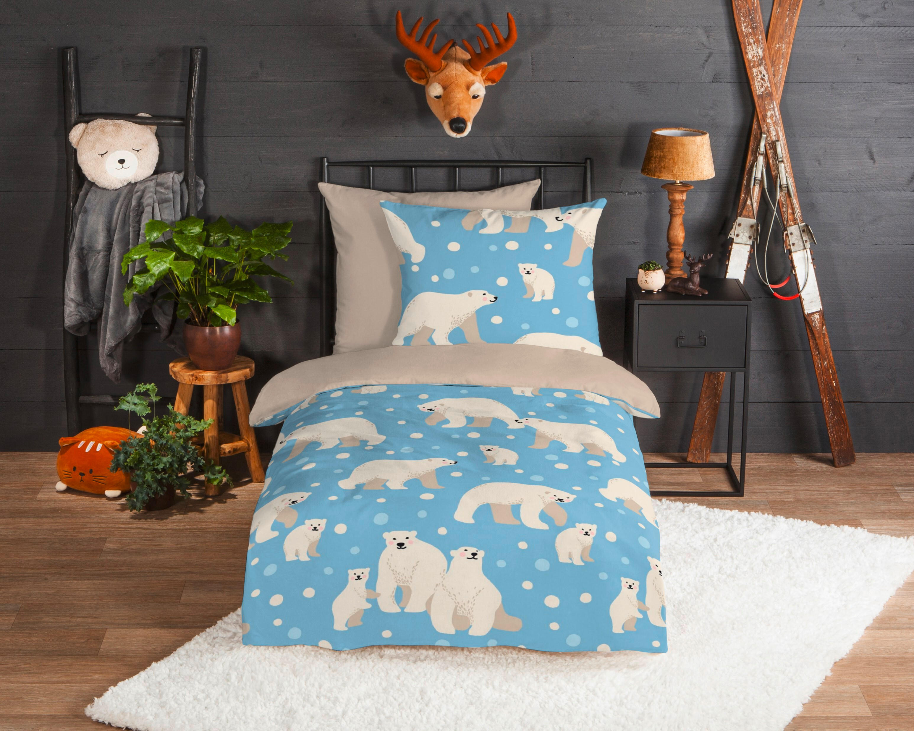 JUGENDBETTWÄSCHE Polar Bear Biber 135/200 cm  - Blau/Beige, Design, Textil (135/200cm)