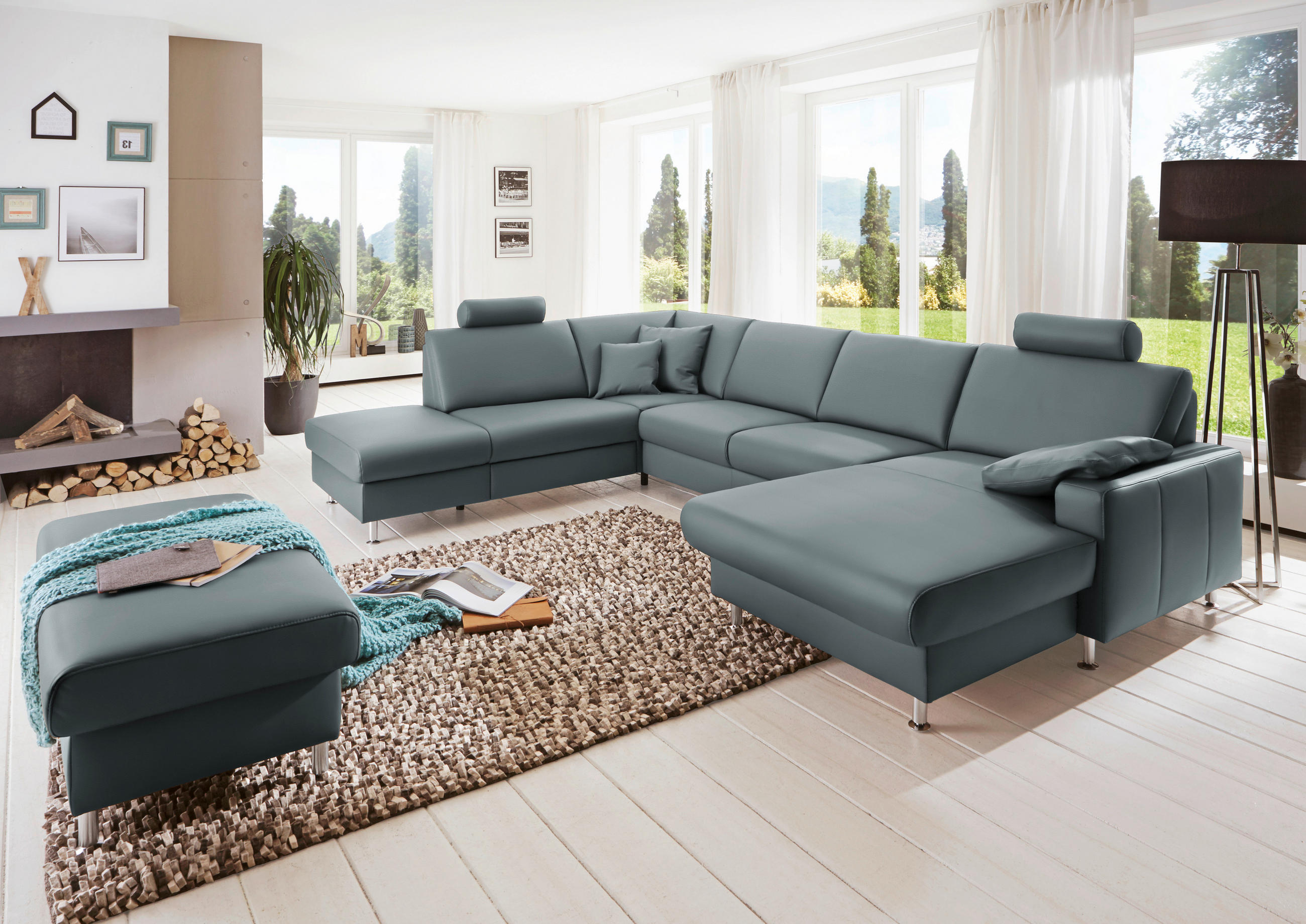 WOHNLANDSCHAFT in Echtleder Blaugrau  - Blaugrau/Alufarben, Design, Leder/Metall (233/339/165cm) - Beldomo Premium