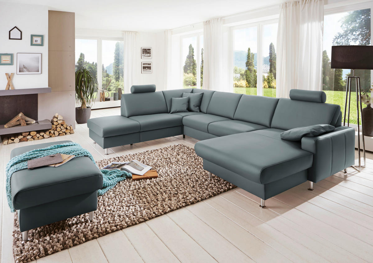 WOHNLANDSCHAFT in Echtleder Blaugrau  - Blaugrau/Alufarben, Design, Leder/Metall (233/339/165cm) - Beldomo Premium
