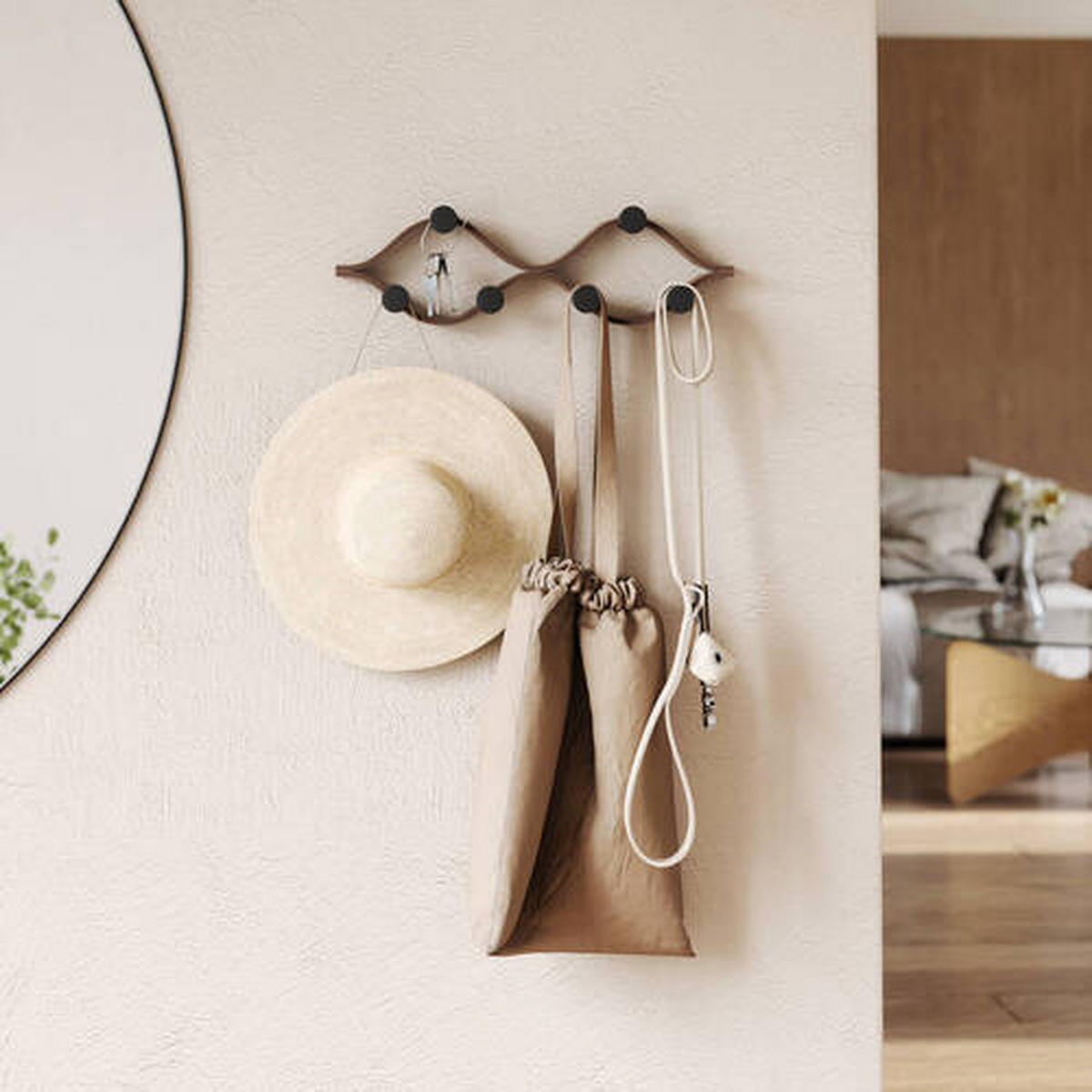 STENSKI OBEŠALNIK - črna/barva oreha, Konvencionalno, umetna masa/les (43/13/6cm) - Umbra