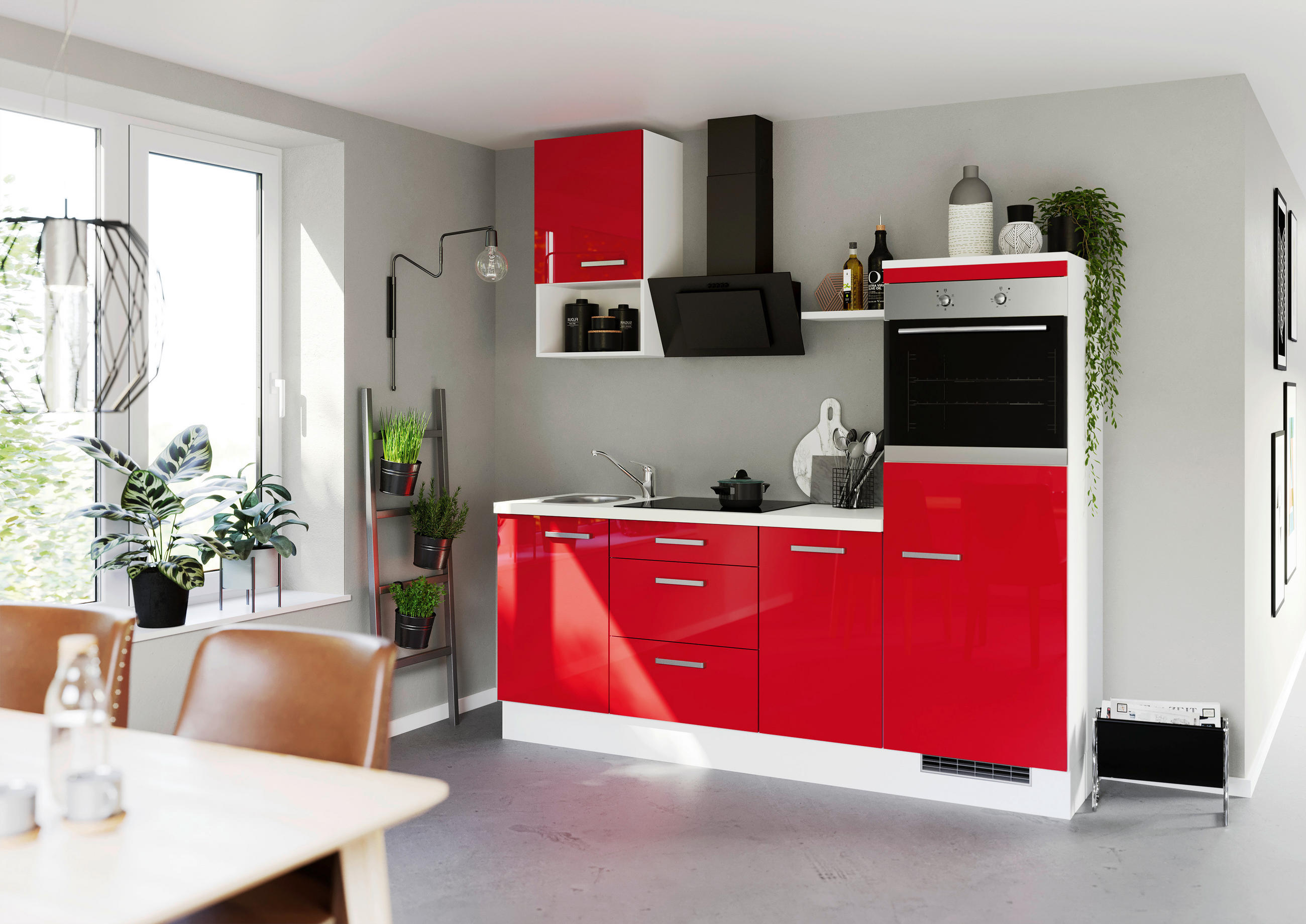 KÜCHENBLOCK 215 cm   in Rot, Weiß  - Edelstahlfarben/Rot, Trend, Holzwerkstoff/Metall (215cm) - Impuls
