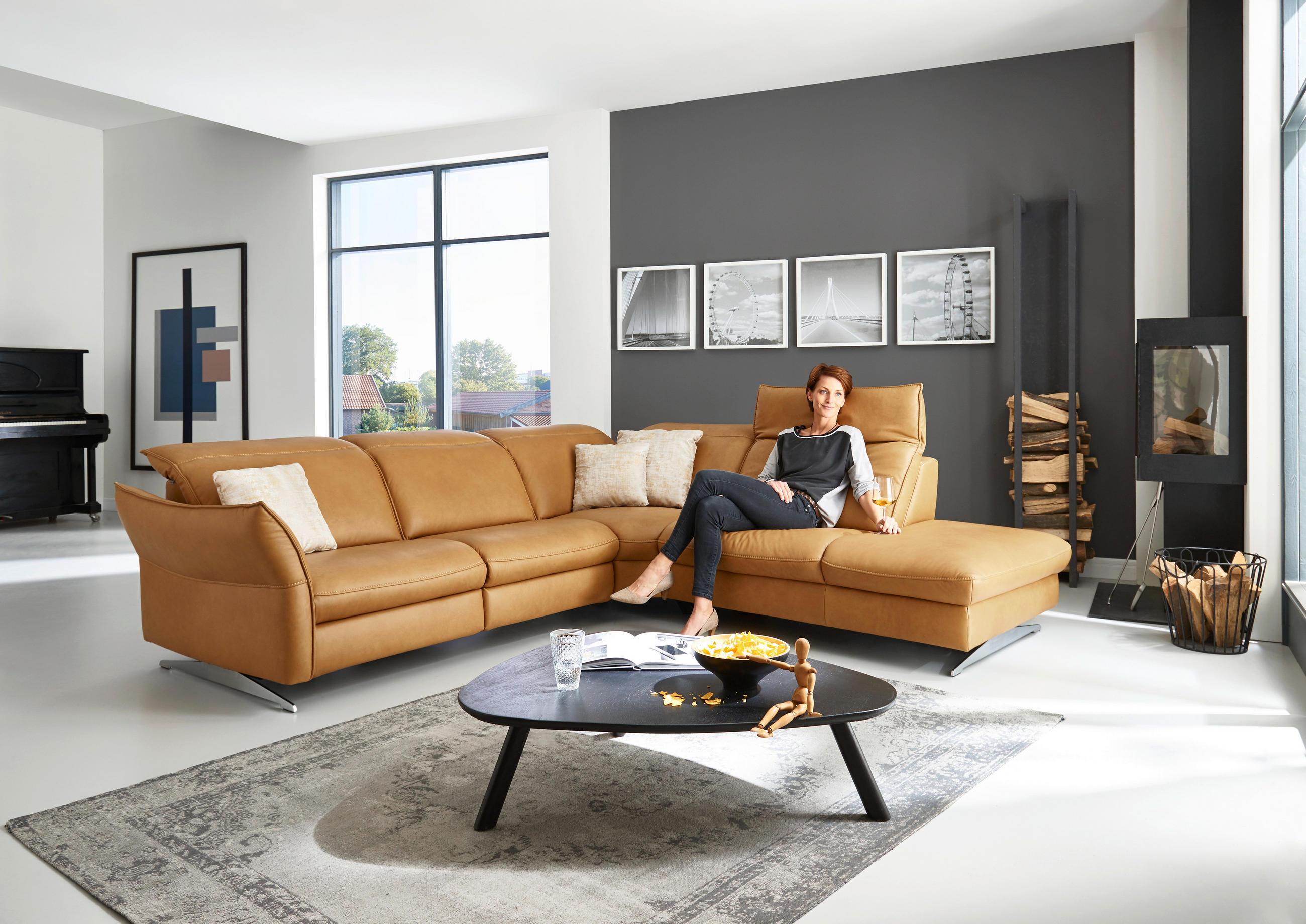 Thumbnail - Hukla Ecksofa Valdera, Orange, Leder, Echtleder, Semi-Anilinleder, 4-Sitzer, Ottomane rechts, Eckteil, L-Form, 292x258 c...