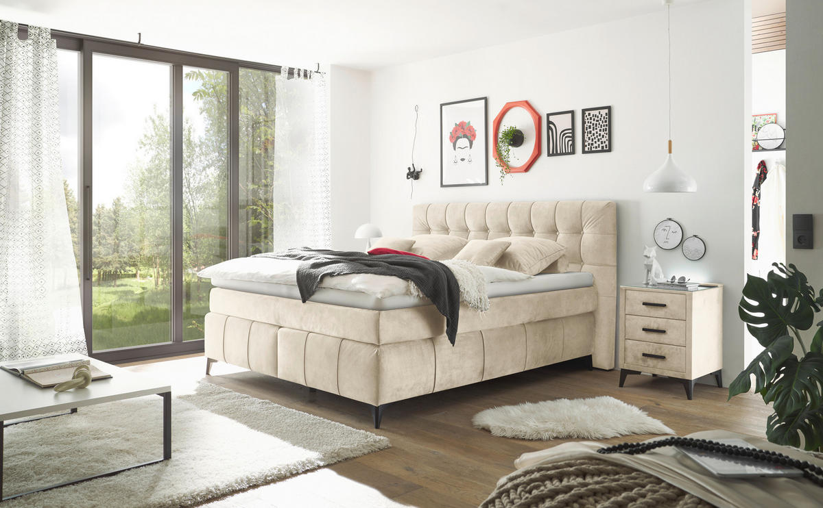 BOXSPRINGBETT 180/200 cm  in Creme  - Creme/Schwarz, KONVENTIONELL, Kunststoff/Textil (180/200cm) - Modante