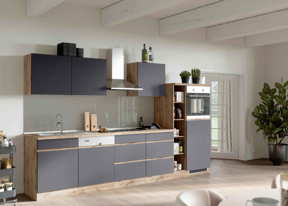 KÜCHENBLOCK 330 cm   in Grau, Eiche Wotan  - Eiche Wotan/Grau, Design, Holzwerkstoff (330cm) - Held