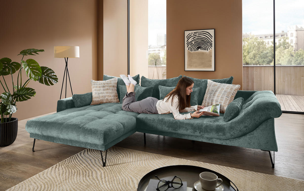 ECKSOFA GARDA Türkis Chenille Zierkissen, Rückenkissen, Nierenkissen, Rücken echt  - Türkis/Schwarz, KONVENTIONELL, Textil/Metall (192/310cm) - Livetastic