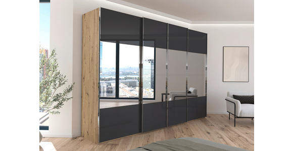 SCHWEBETÜRENSCHRANK  in Schwarz, Eiche Artisan  - Chromfarben/Schwarz, Design, Glas/Holzwerkstoff (316/235/68cm) - Novel