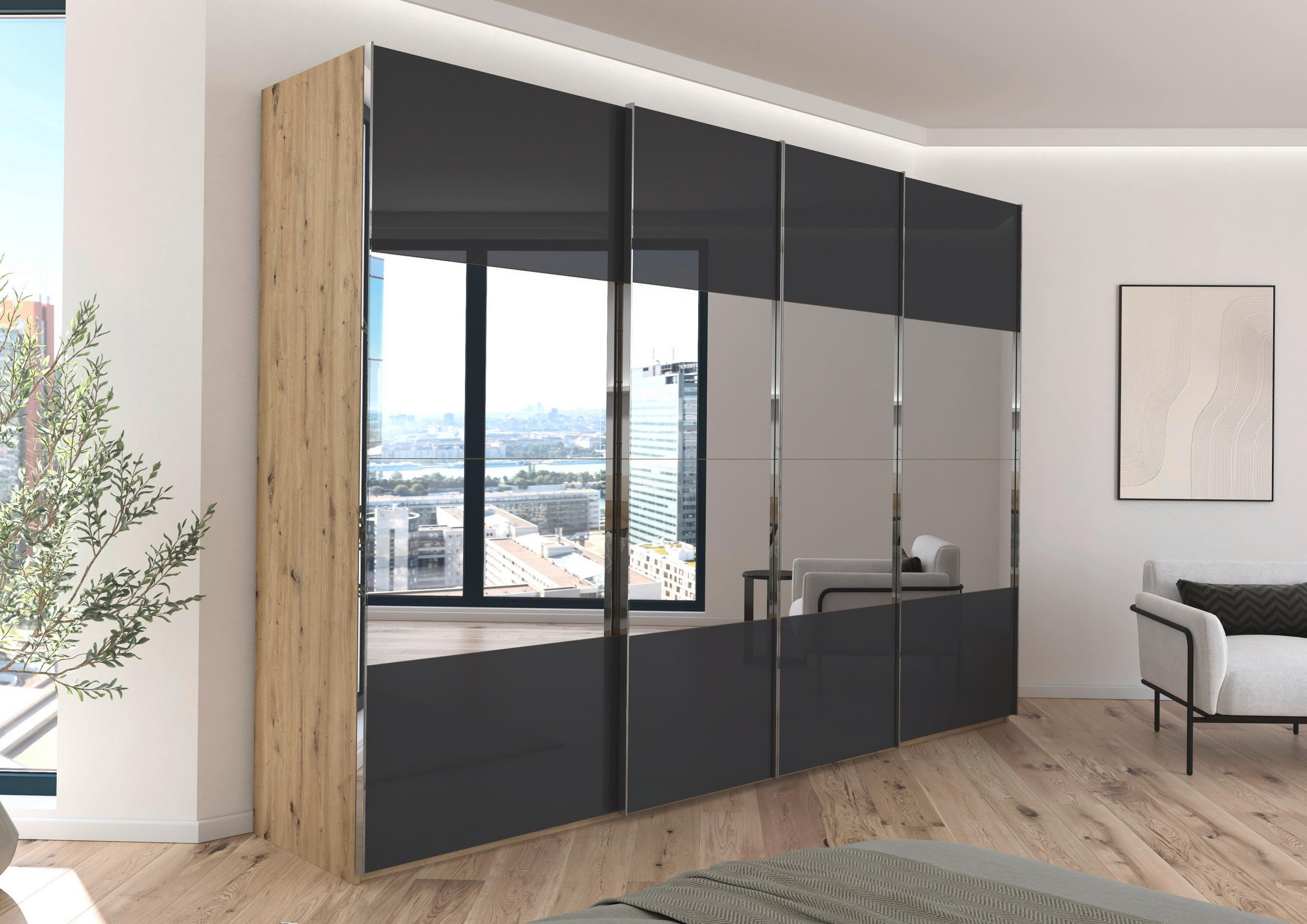 SCHWEBETÜRENSCHRANK 316/235/68 cm 4-türig Schwarz, Eiche Artisan  - Chromfarben/Schwarz, Design, Glas/Holzwerkstoff (316/235/68cm) - Novel
