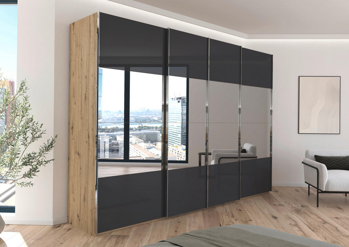 SCHWEBETÜRENSCHRANK 316/235/68 cm 4-türig Schwarz, Eiche Artisan  - Chromfarben/Schwarz, Design, Glas/Holzwerkstoff (316/235/68cm) - Novel