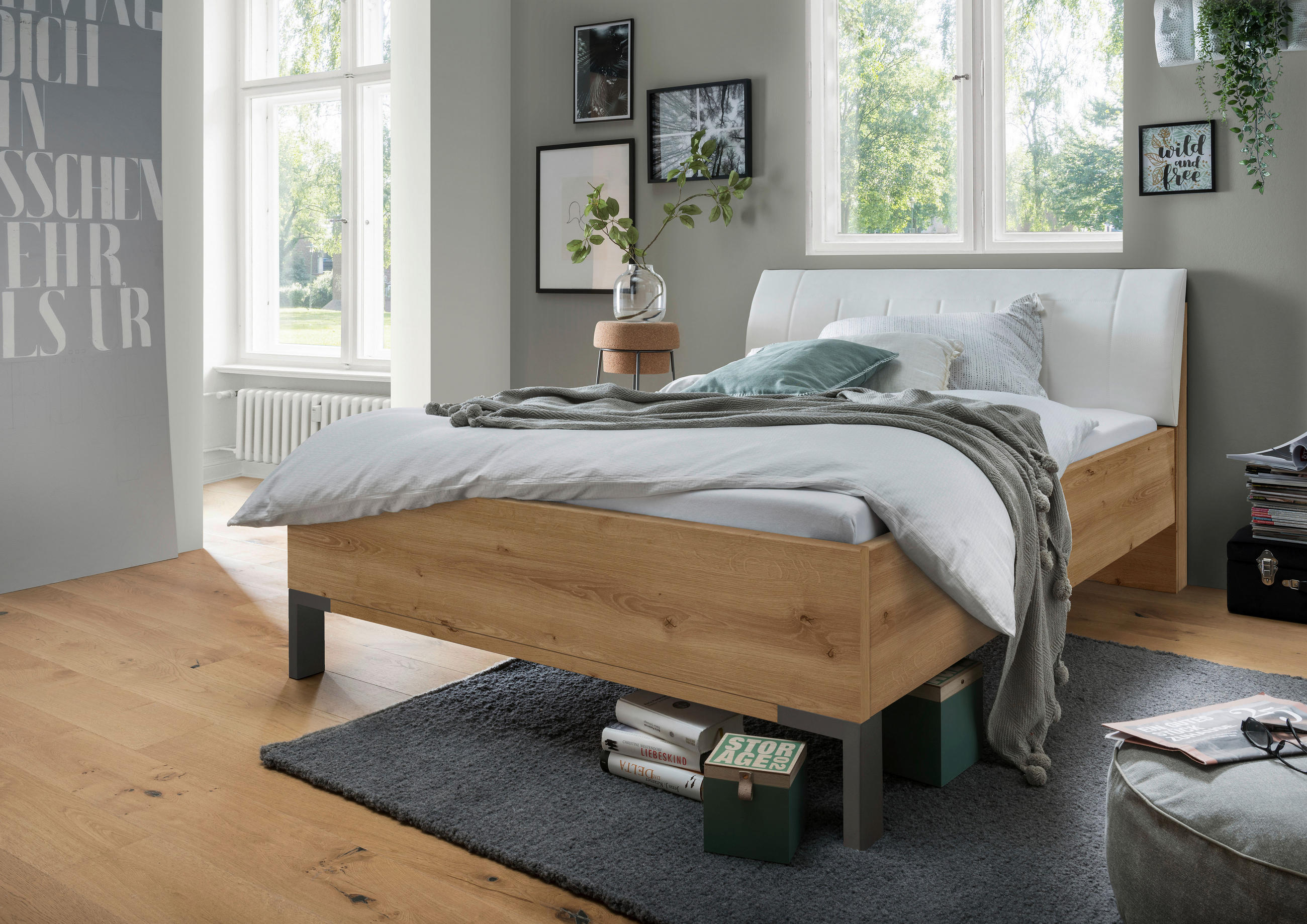 BETT 140/200 cm  in Eiche Bianco, Weiß  - Schieferfarben/Eiche Bianco, KONVENTIONELL, Textil/Metall (140/200cm) - Dieter Knoll