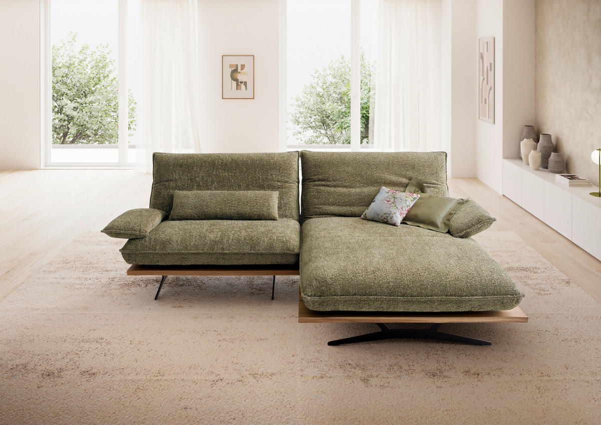 ECKSOFA Wildeiche, Graugrün Chenille, Flachgewebe Rücken echt, Armteilverstellung, Relaxfunktion, Drehsitzfunktion  - Wildeiche/Schwarz, Design, Holz/Textil (284/161cm) - Koinor