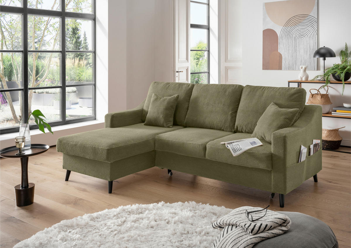 ECKSOFA Olivgrün Cord  - Schwarz/Olivgrün, Design, Holz/Textil (150/228cm) - P & B