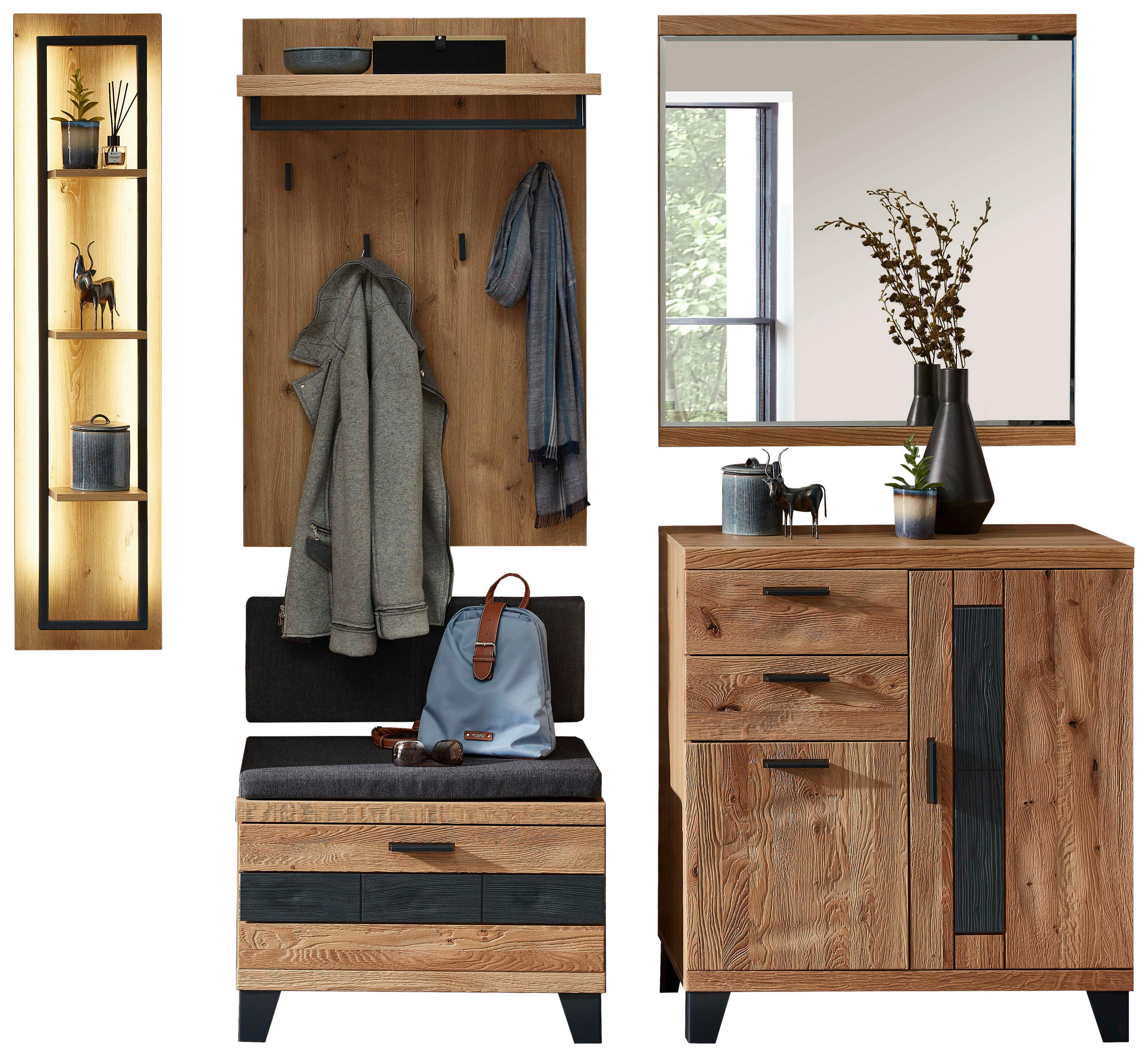 GARDEROBE 7-teilig  in 215/199/38 cm  - Eichefarben/Grau, Natur, Holz/Holzwerkstoff (215/199/38cm) - Linea Natura