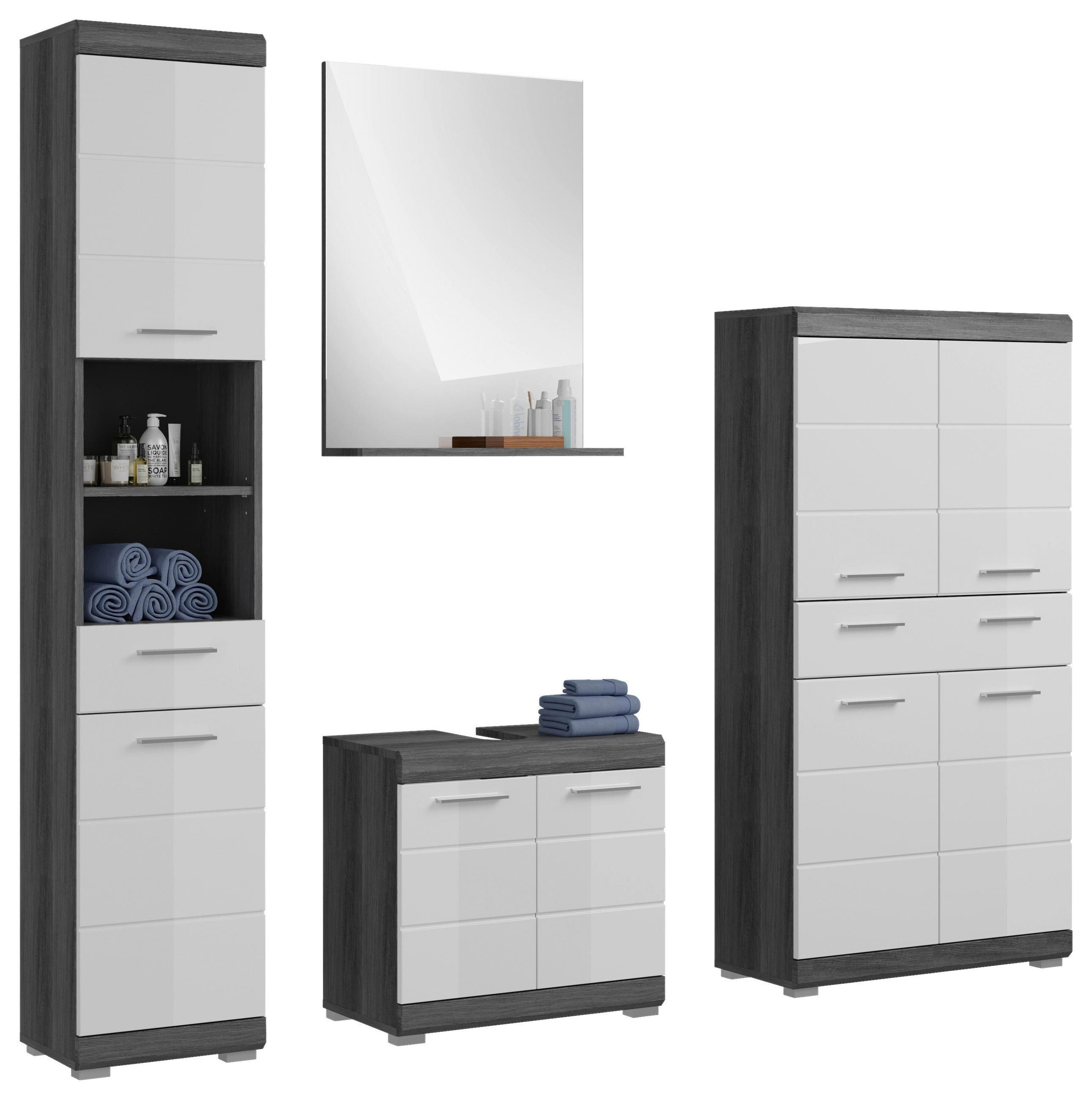 BADEZIMMER 4-teilig  in 171 cm  - Weiß Hochglanz/Grau, MODERN, Holzwerkstoff/Kunststoff (171cm) - MID.YOU