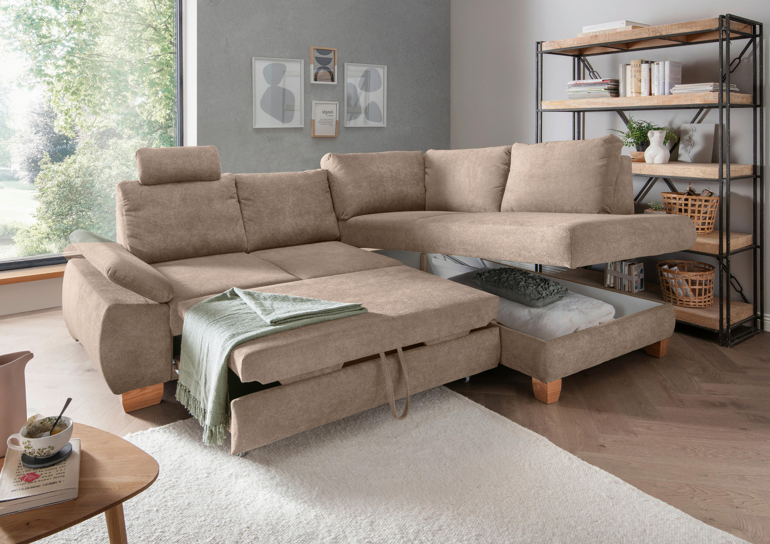 ECKSCHLAFSOFA Chenille Hellbraun  - Wildeiche/Hellbraun, MODERN, Holz/Textil (261/206cm) - Livetastic