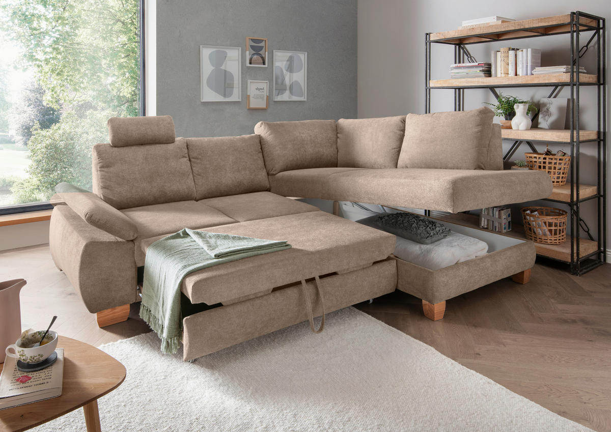 ECKSCHLAFSOFA in Chenille Hellbraun  - Wildeiche/Hellbraun, Modern, Holz/Textil (261/206cm) - Livetastic