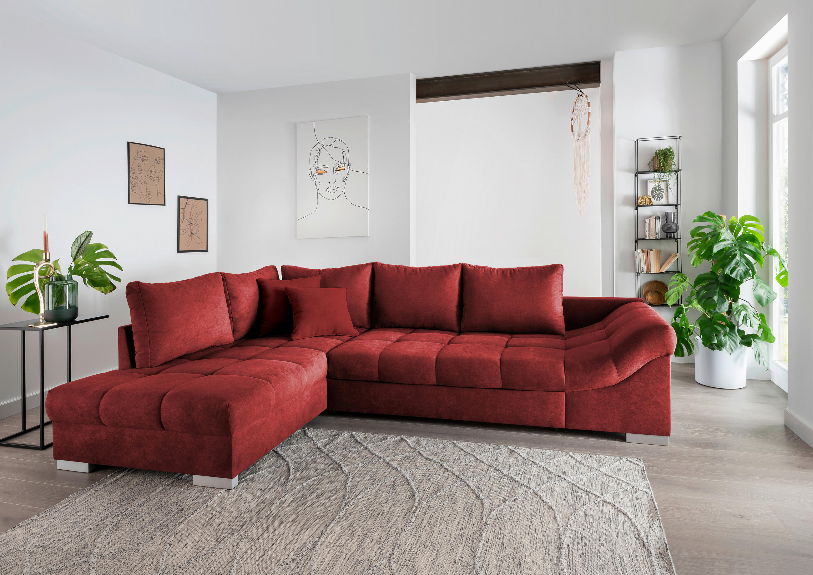 ECKSCHLAFSOFA in Rot Textil   - Silberfarben/Rot, Design, Holz/Textil (202/298cm) - MID.YOU