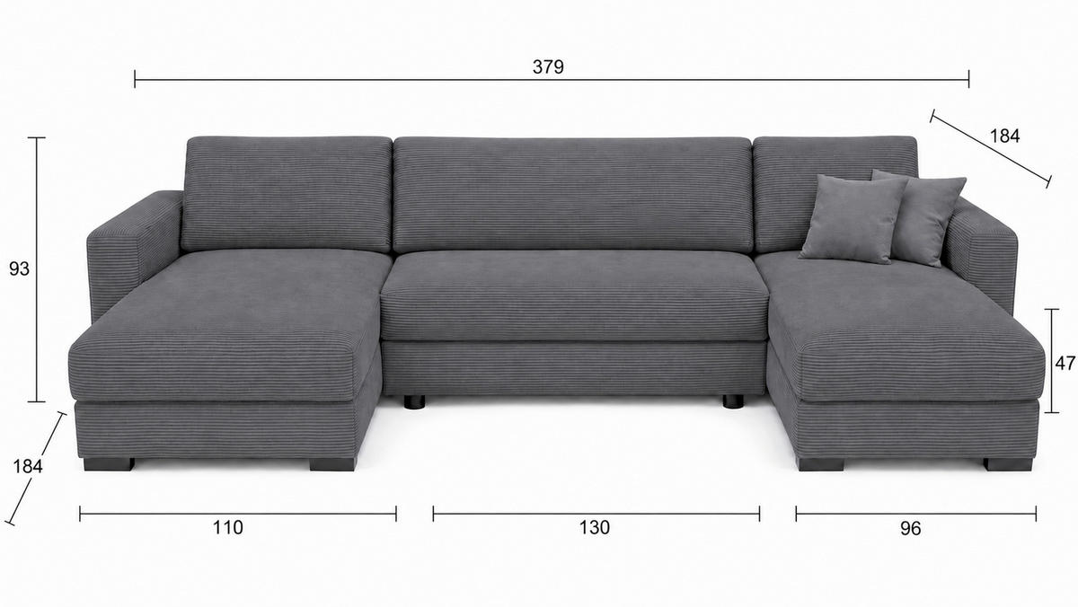 WOHNLANDSCHAFT  Cord Anthrazit  - Anthrazit/Schwarz, Basics, Holz/Holzwerkstoff (379/93/184cm) - MID.YOU