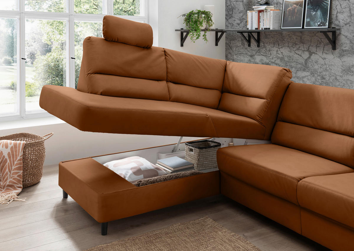 ECKSOFA in Lederlook Cognac  - Cognac/Schwarz, Modern, Holz/Textil (190/266cm) - Livetastic