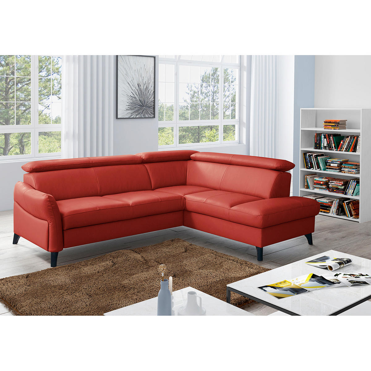 ECKSOFA Lederlook Echtleder Rot  - Rot/Schwarz, Design, Leder/Holz (244/199cm) - Livetastic