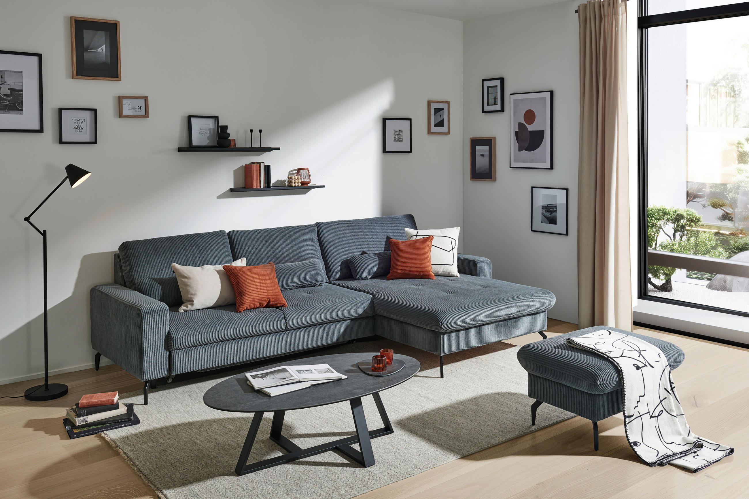 ECKSOFA Graphitfarben Cord  - Schwarz/Graphitfarben, Design, Textil/Metall (302/180cm) - Venda