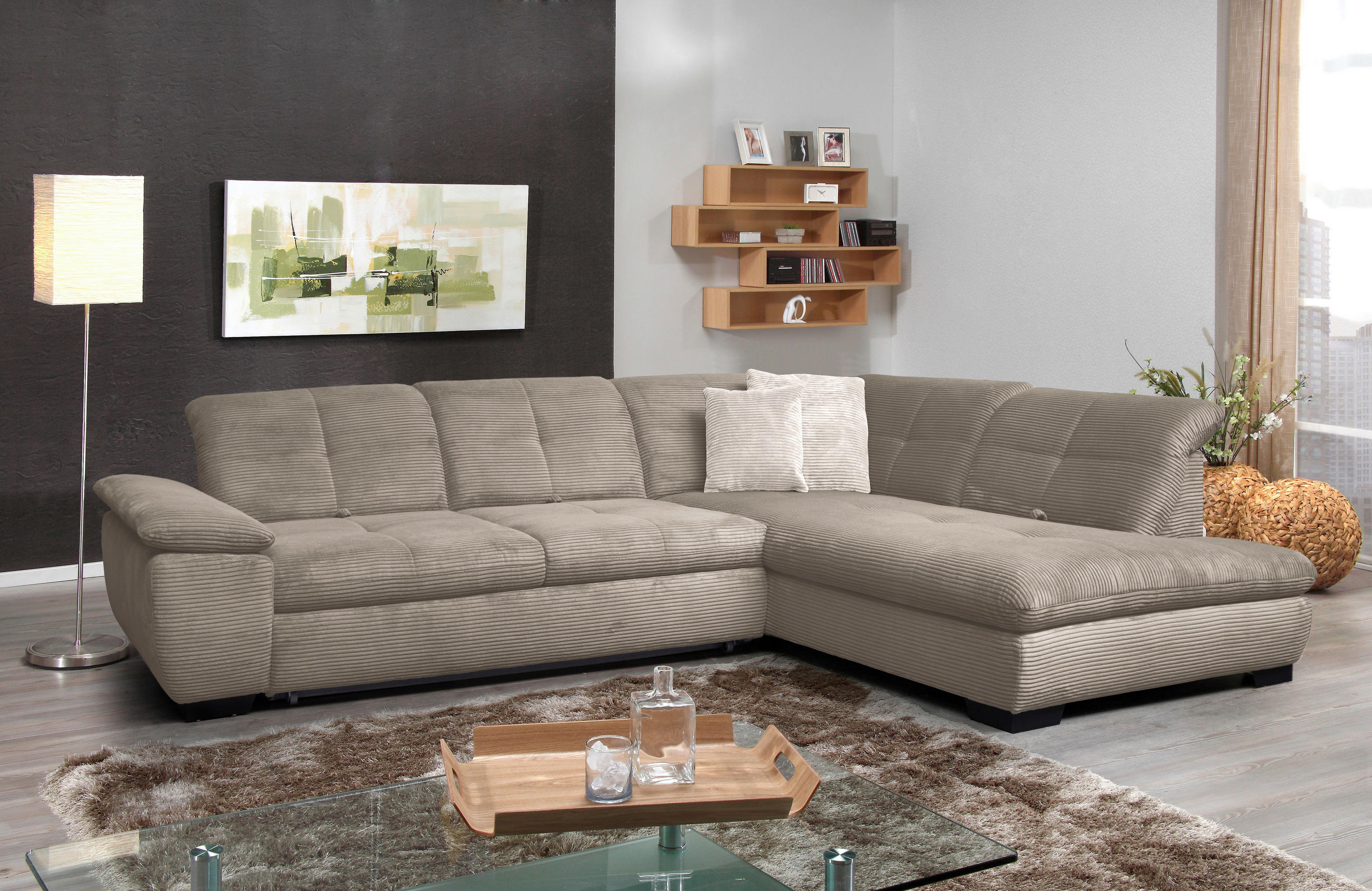 ECKSOFA in Cord Graubraun  - Graubraun/Schwarz, Design, Textil/Metall (313/242cm) - Xora