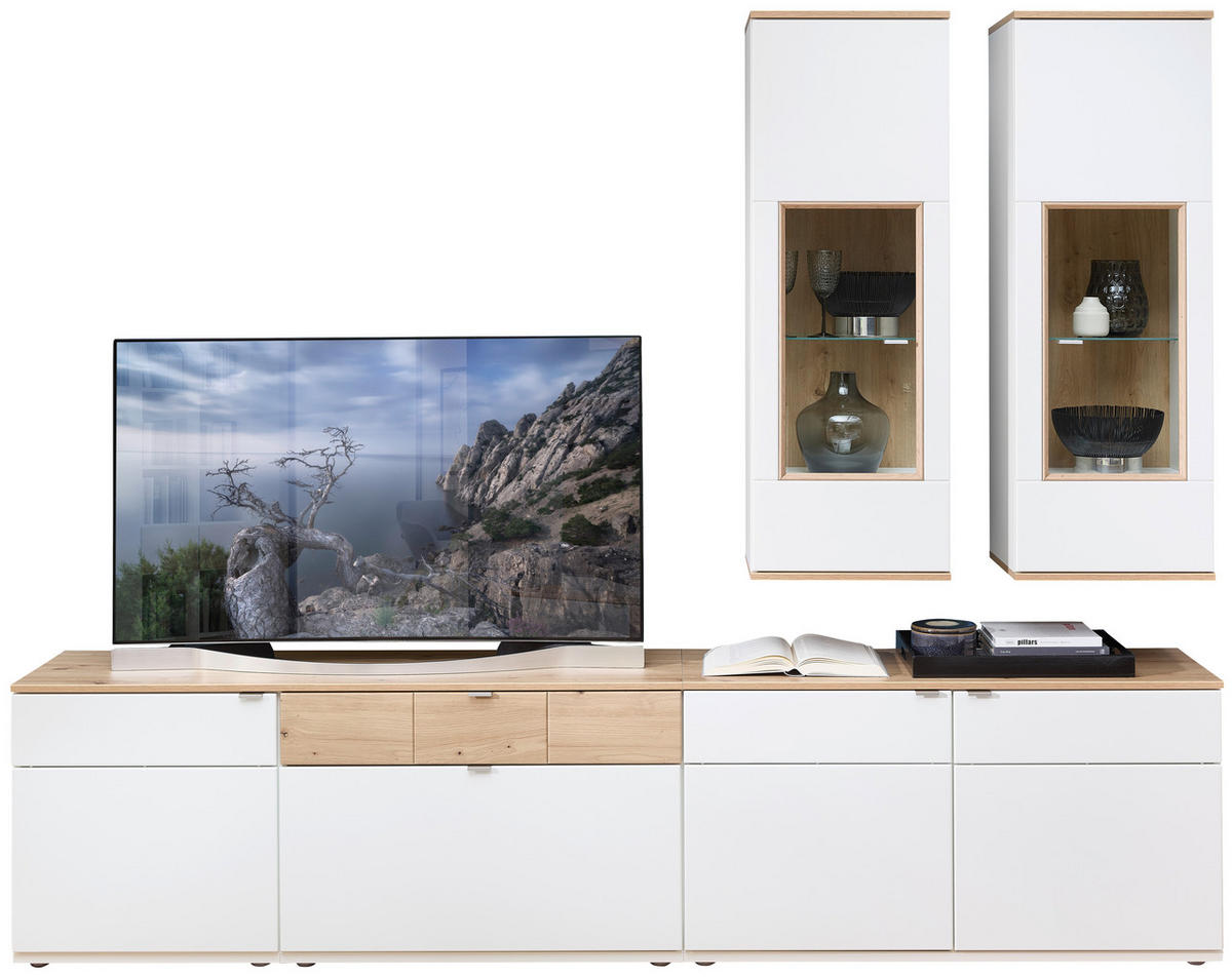 WOHNWAND  in Weiß, Eichefarben  270/215/45 cm  - Eichefarben/Alufarben, KONVENTIONELL, Glas/Holzwerkstoff (270/215/45cm) - Venda