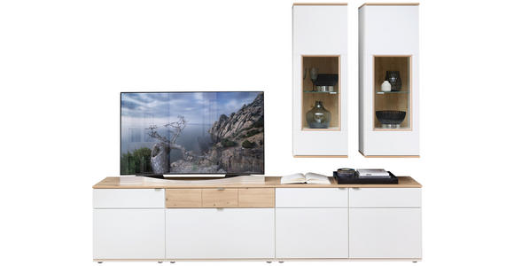WOHNWAND  in Weiß, Eichefarben  270/215/45 cm  - Eichefarben/Alufarben, KONVENTIONELL, Glas/Holzwerkstoff (270/215/45cm) - Venda