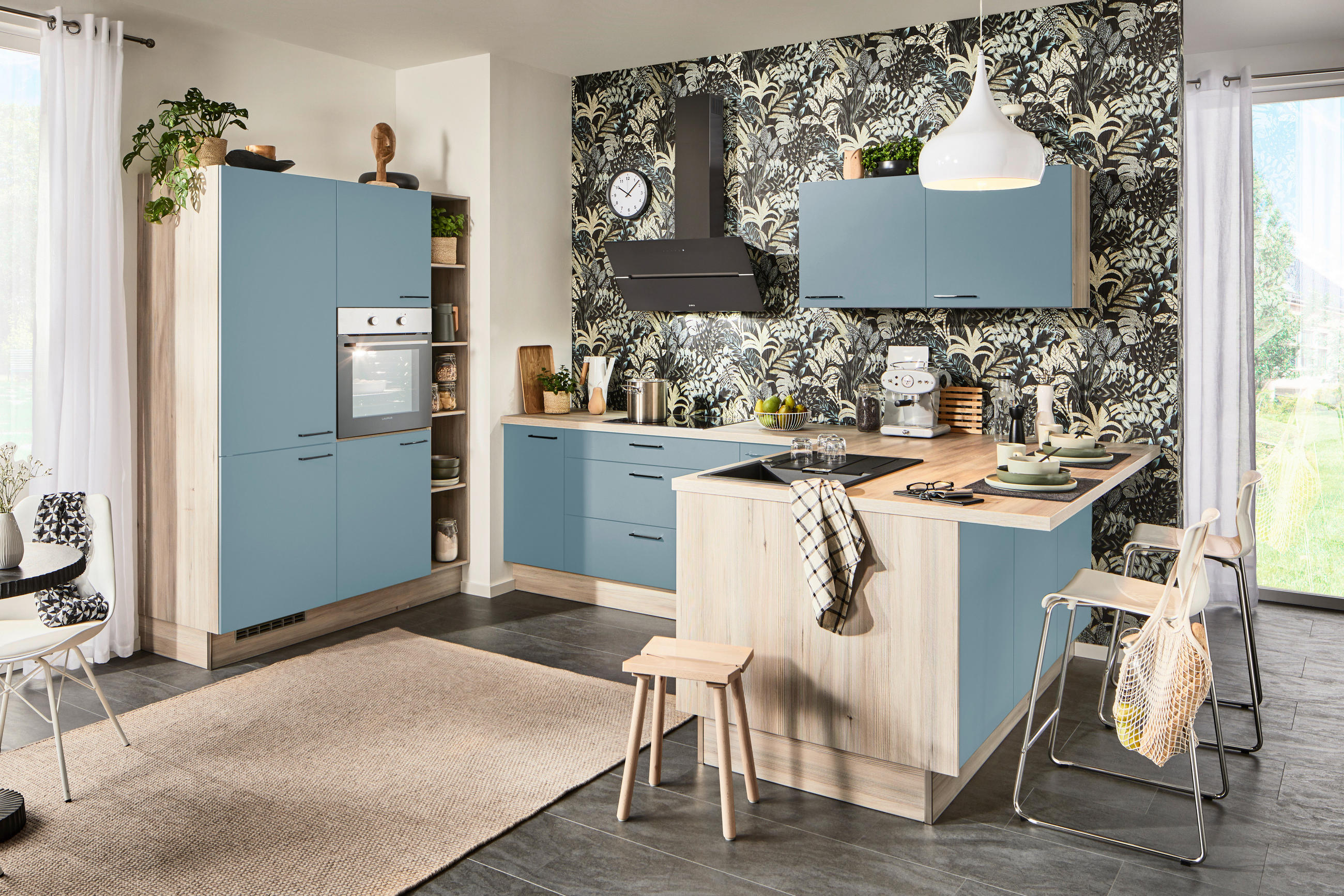 ECKKÜCHE  in Pastellblau, Tannenholzfarben  - Pastellblau/Tannenholzfarben, Design, Holzwerkstoff/Metall (150/280/121,6cm) - Xora