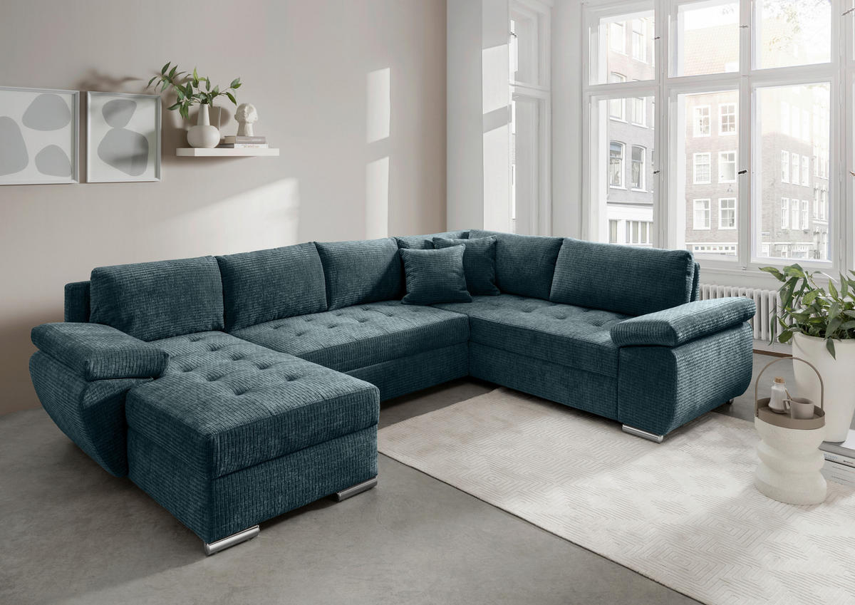 WOHNLANDSCHAFT in Mikrofaser Blau  - Chromfarben/Blau, KONVENTIONELL, Textil/Metall (157/305/219cm) - Livetastic