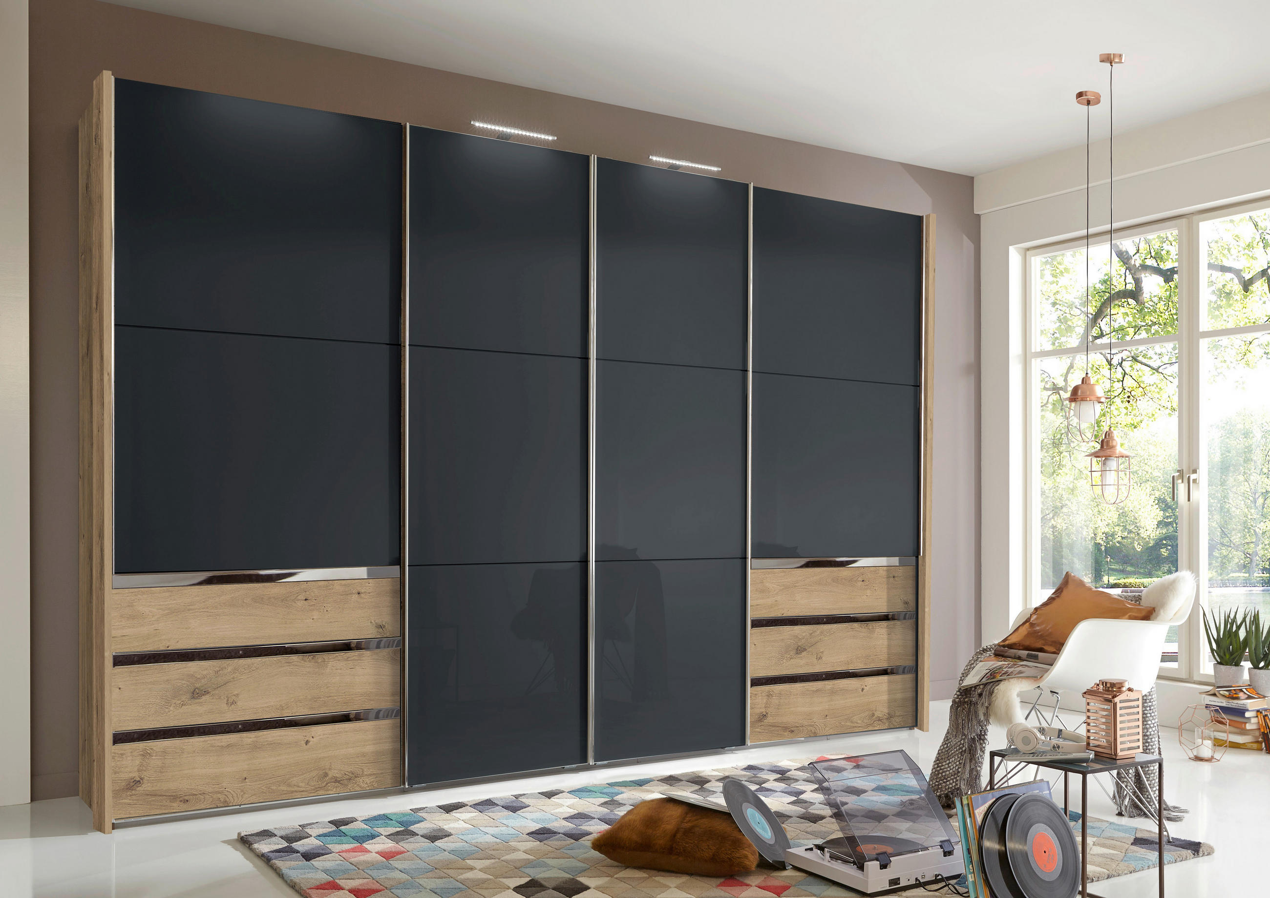 SCHWEBETÜRENSCHRANK 300/236/65 cm 4-türig Grau, Eichefarben  - Chromfarben/Eichefarben, MODERN, Holzwerkstoff (300/236/65cm) - MID.YOU