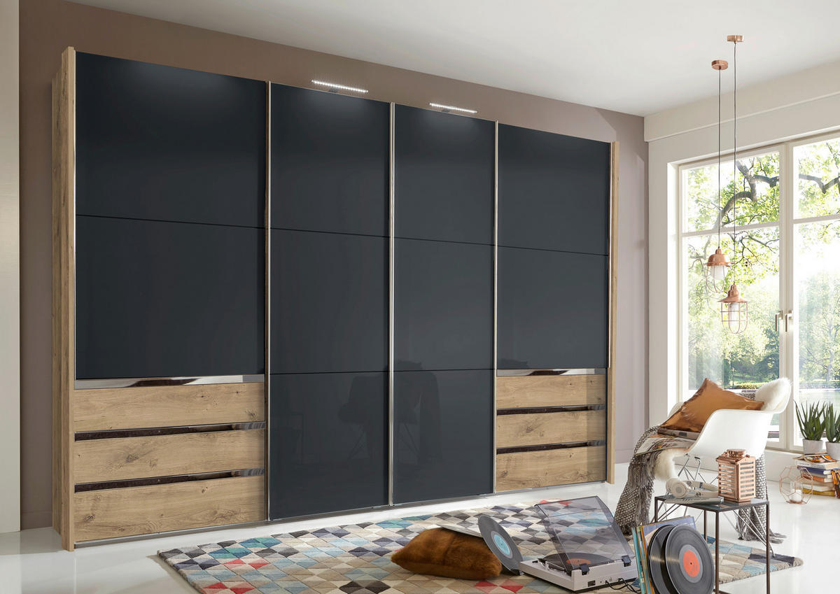 SCHWEBETÜRENSCHRANK 300/236/65 cm 4-türig Grau, Eichefarben  - Chromfarben/Eichefarben, MODERN, Holzwerkstoff (300/236/65cm) - MID.YOU