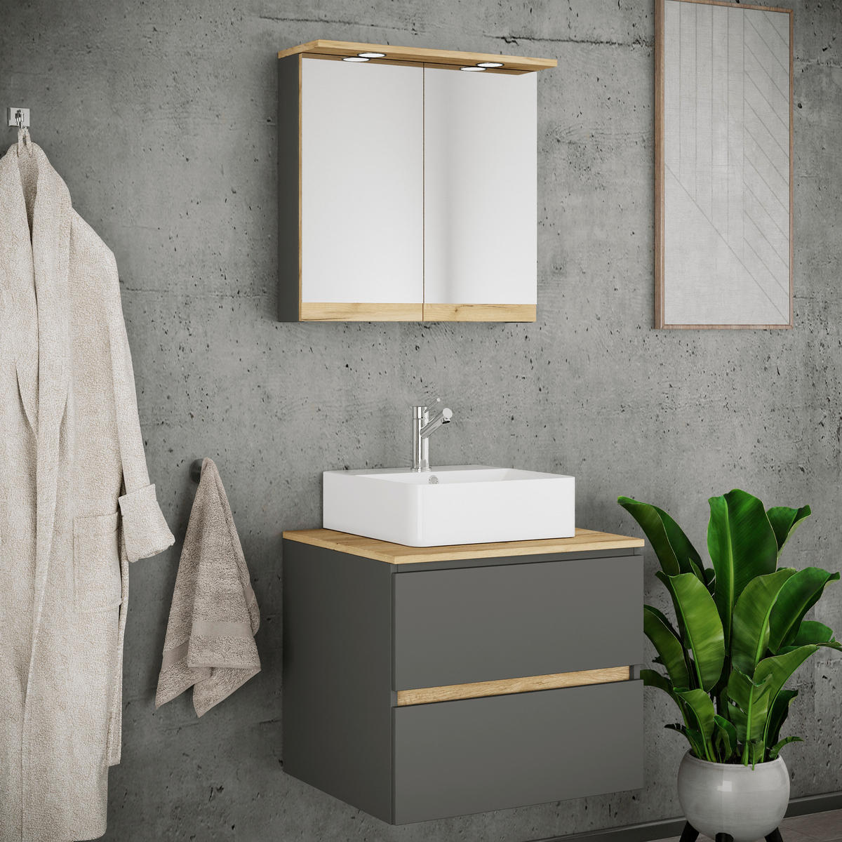 BADEZIMMER 3-teilig  in 60 cm  - Honigeiche/Anthrazit, Trend, Keramik/Holzwerkstoff (60cm) - MID.YOU