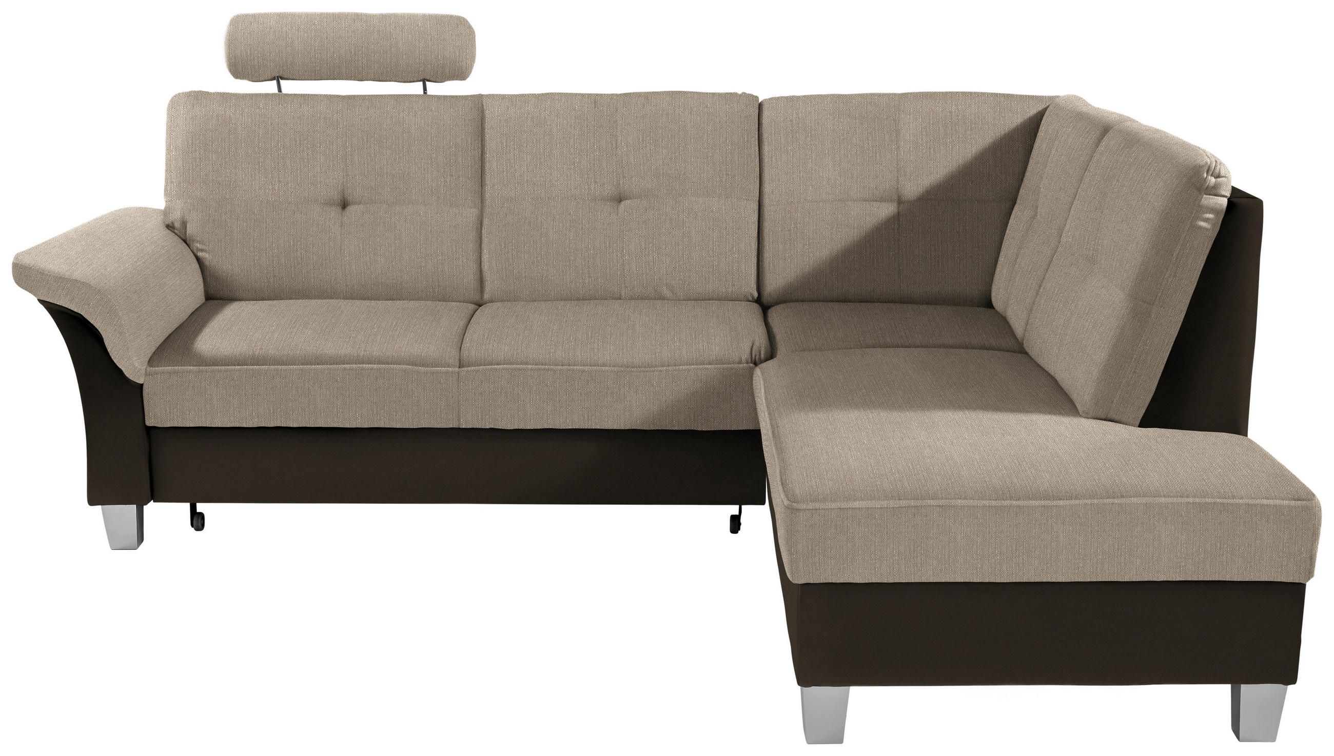 ECKSOFA Dunkelbraun, Beige Webstoff Bettkasten, Schlaffunktion, Kopfstütze  - Dunkelbraun/Beige, KONVENTIONELL, Holz/Textil (245/196cm) - Livetastic