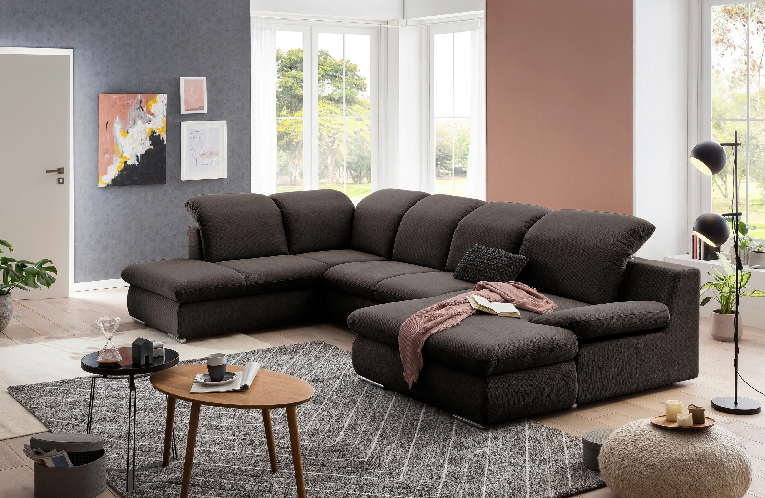 WOHNLANDSCHAFT Braun Chenille - Chromfarben/Braun, Design, Textil/Metall (212/353/165cm) - Livetastic