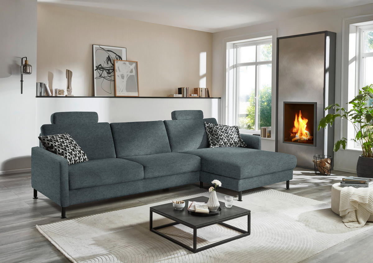 ECKSOFA  in Chenille, Flachgewebe Blau  316/175 cm  - Blau/Schwarz, Design, Textil/Metall (316/175cm) - Dieter Knoll