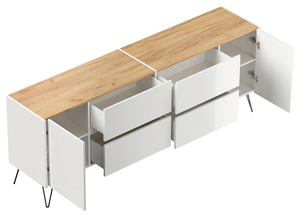 SIDEBOARD Posseik Industrial 199/75,8/42 cm 4 Schublade(n)  - Weiß Hochglanz/Eichefarben, Design, Holzwerkstoff/Metall (199/75,8/42cm) - MID.YOU