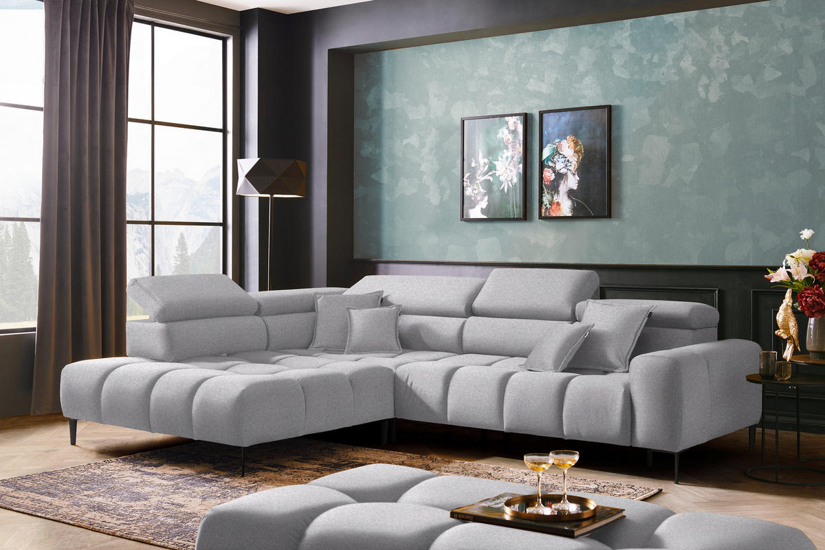 ECKSOFA in Webstoff Hellgrau  - Hellgrau/Schwarz, Design, Textil/Metall (216/300cm) - Welnova
