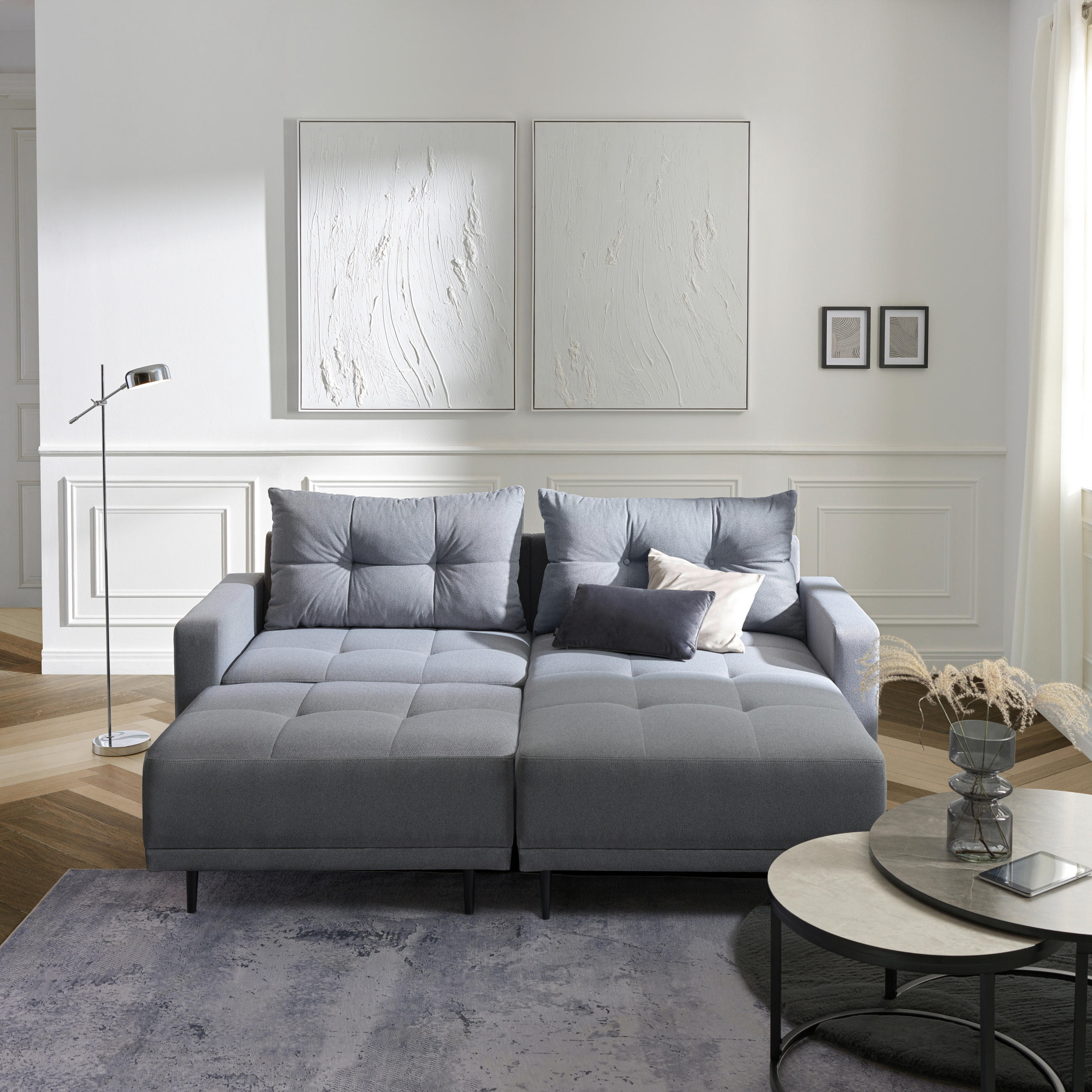 Thumbnail - Ti'me Hocker, Grau, Textil, Buche, massiv, rechteckig, 88x45x72 cm, Stoffauswahl, Wohnzimmer, Hocker, Sitzhocker