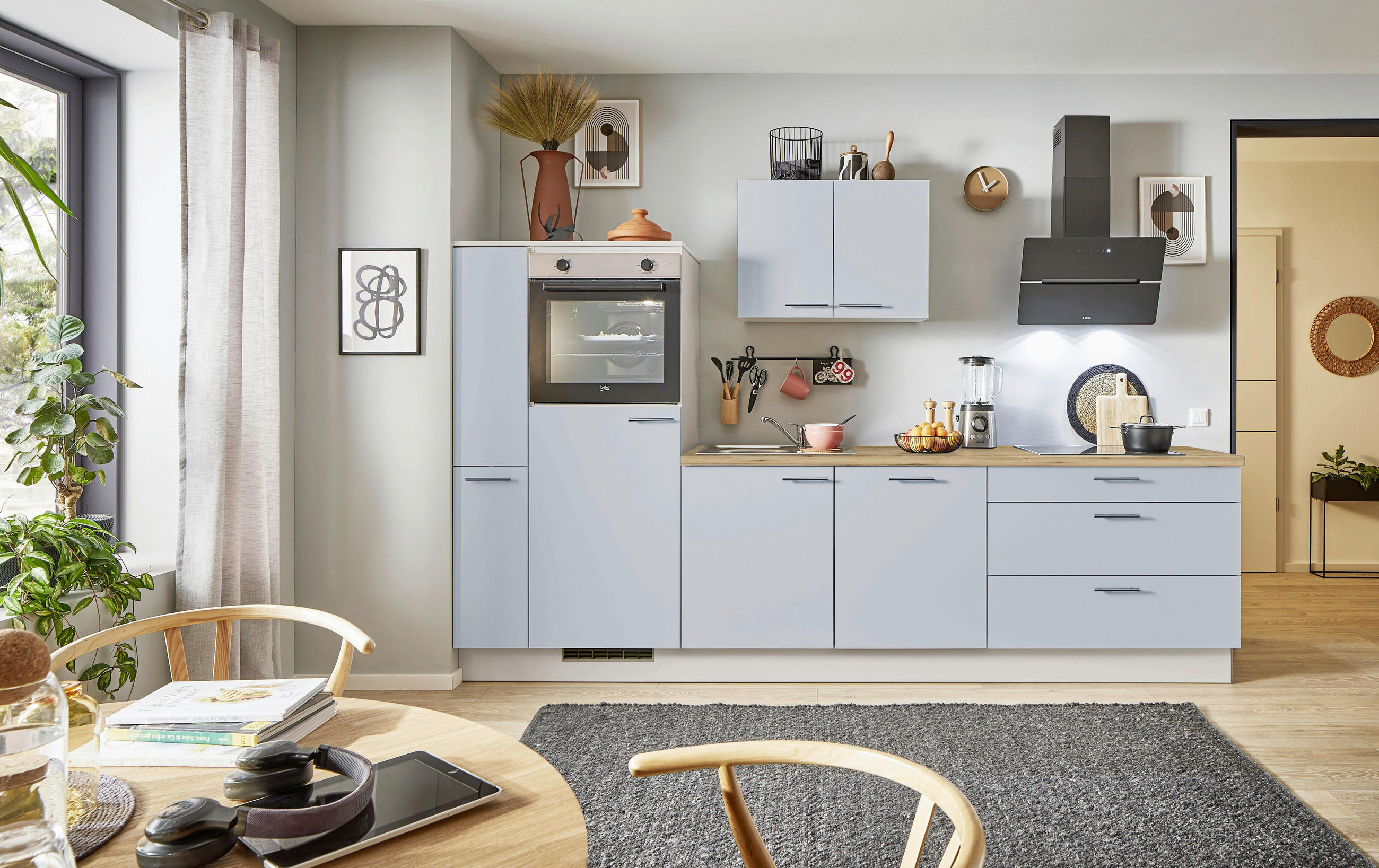 KÜCHENBLOCK PN 105 290 cm  in Eichefarben, Kaschmir, Pastellblau  - Kaschmir/Edelstahlfarben, Design, Holzwerkstoff/Metall (290cm) - Pino