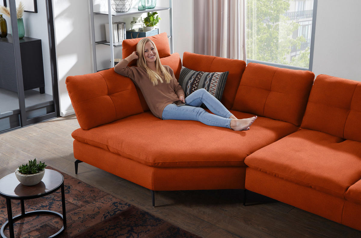 ECKSOFA in Flachgewebe Terracotta  157/344 cm  - Terracotta/Schwarz, Design, Textil/Metall (157/344cm) - Chilliano