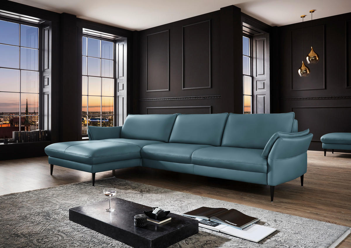 ECKSOFA inkl. Funktion Blau Echtleder  - Blau/Schwarz, Design, Leder/Metall (172/334cm) - Hukla