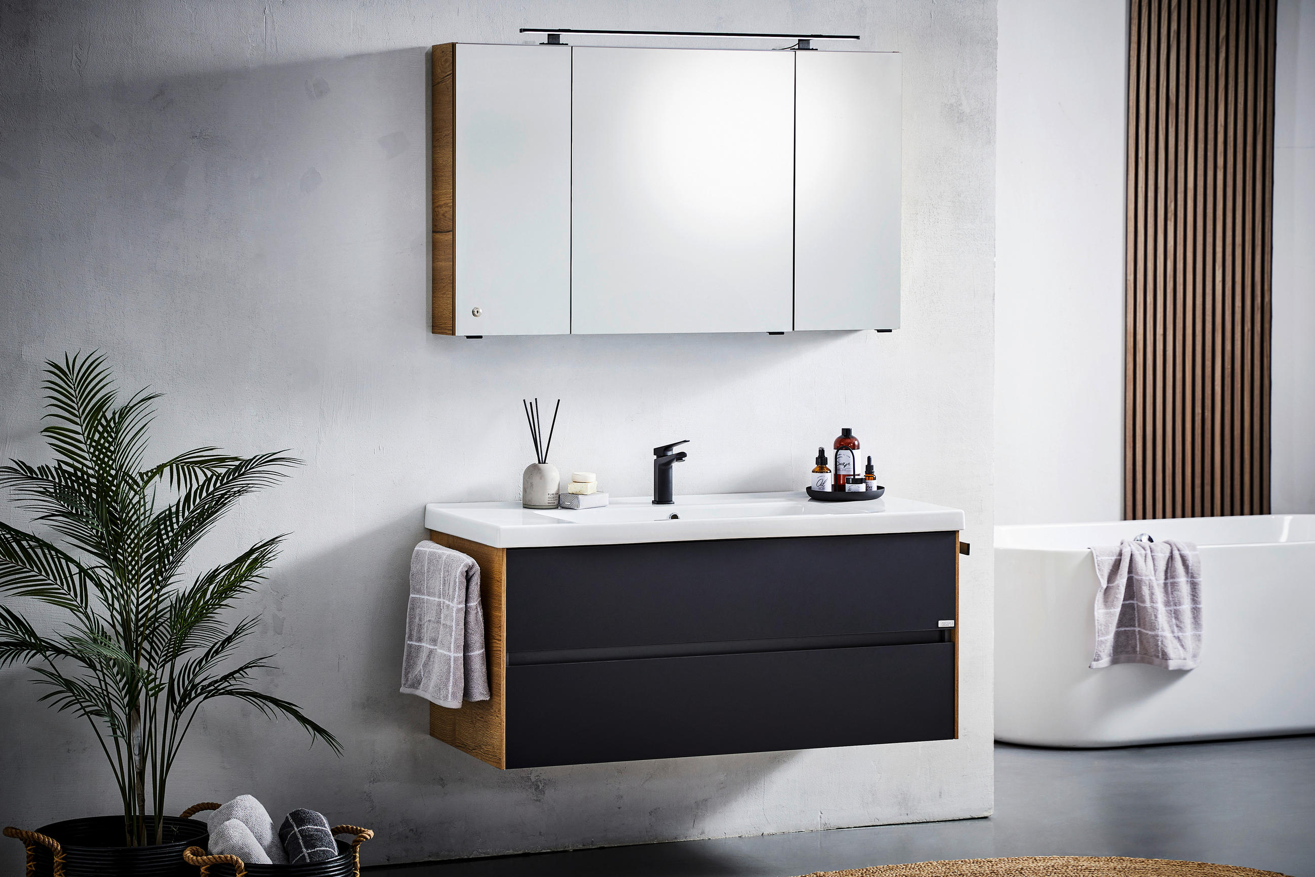 Thumbnail - Dieter Knoll Waschtischkombi Loreto, Schwarz, Eiche, Metall, 2 Schublade(n) Schubladen, 121 cm, Made in Germany, hängend...