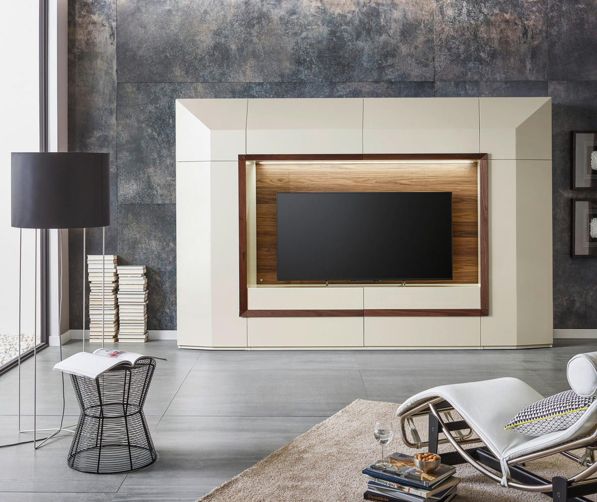 REGAL ZA DNEVNI BORAVAK bela, boja orahovog drveta   - bela/boja orahovog drveta, Dizajnerski, staklo/drvo (300/200/50cm) - Ambiente