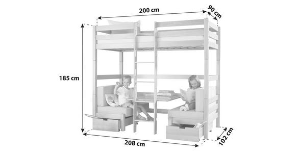 ETAGENBETT 90/200 cm Schwarz, Weiß  - Buchefarben/Schwarz, KONVENTIONELL, Holz (90/200cm) - Carryhome