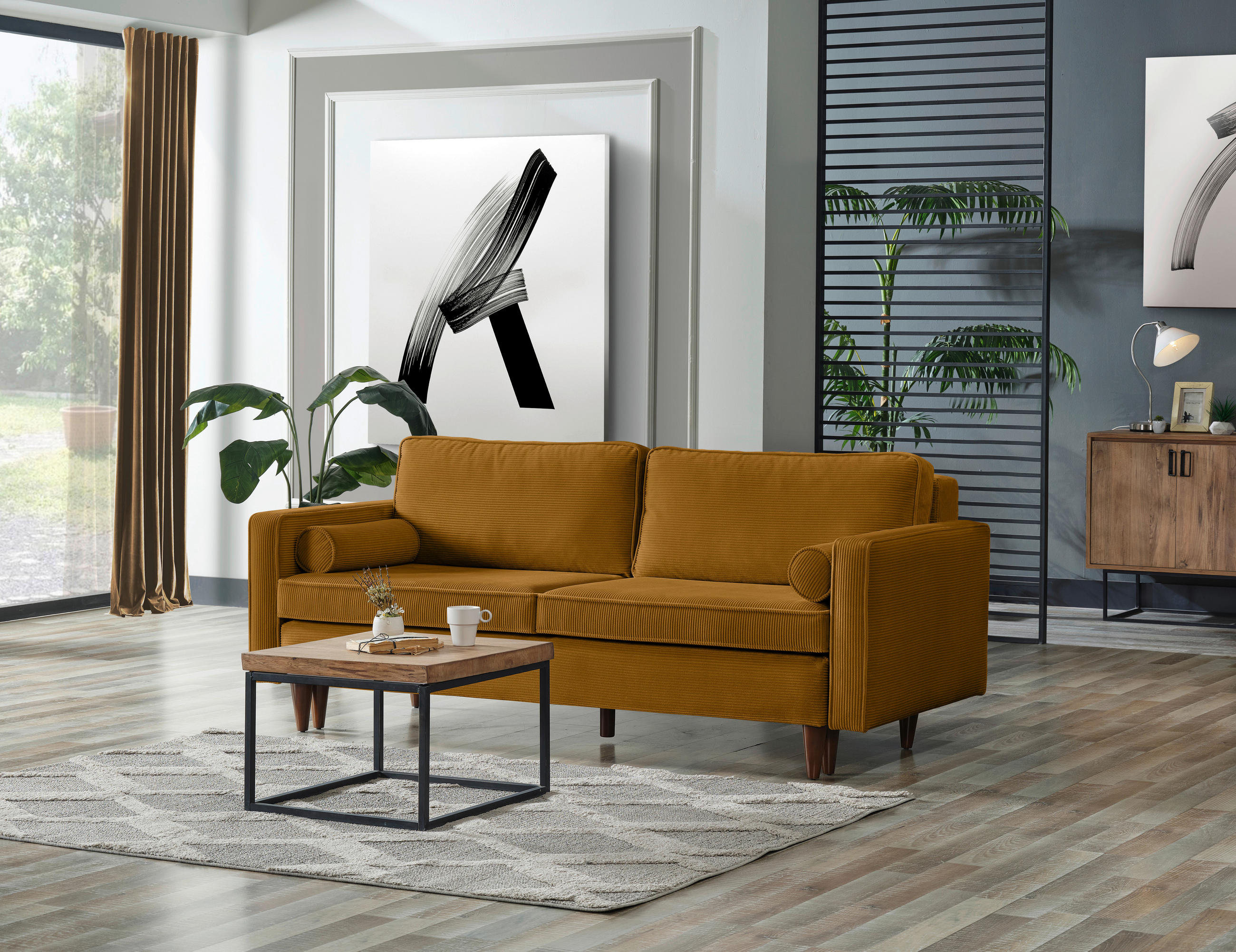 SCHLAFSOFA Cord Currygelb  - Currygelb/Buchefarben, MODERN, Holz/Textil (208/78/96cm) - Livetastic