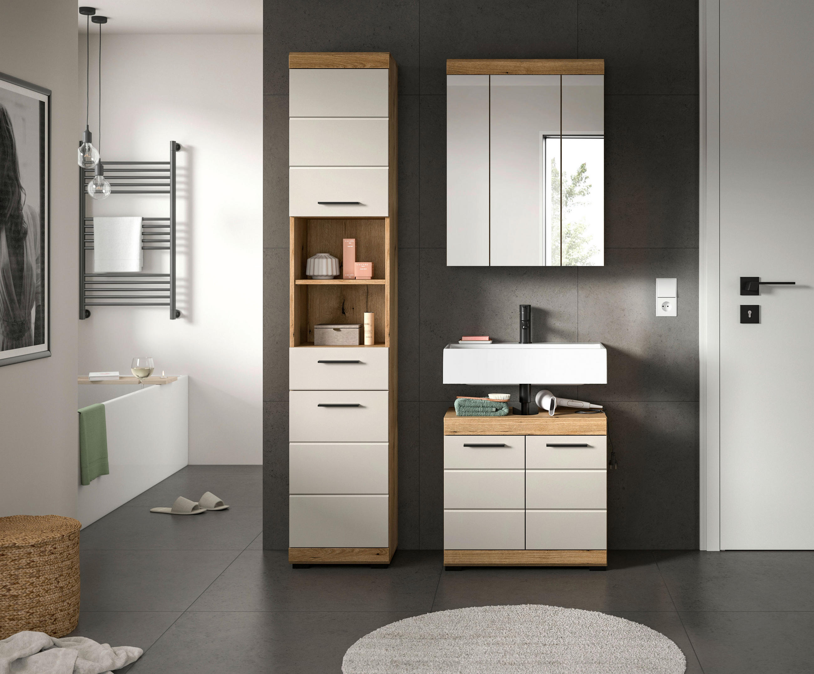 BADEZIMMER 3-teilig  in 97 cm  - Kaschmir/Schwarz, MODERN, Glas/Holzwerkstoff (97cm) - MID.YOU